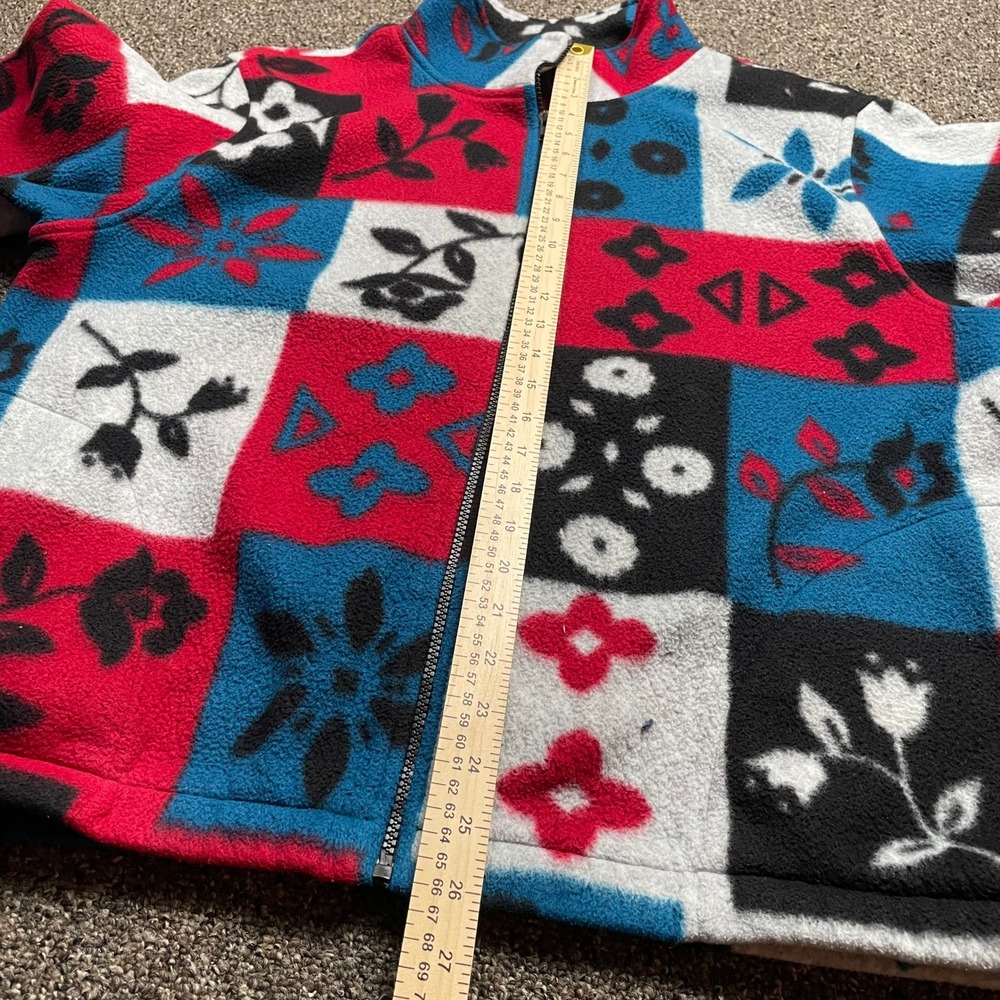 Vintage Style Patchwork Floral Fleece Jacket Red Blue Full Zip Mock Neck L - Picture 3 of 7